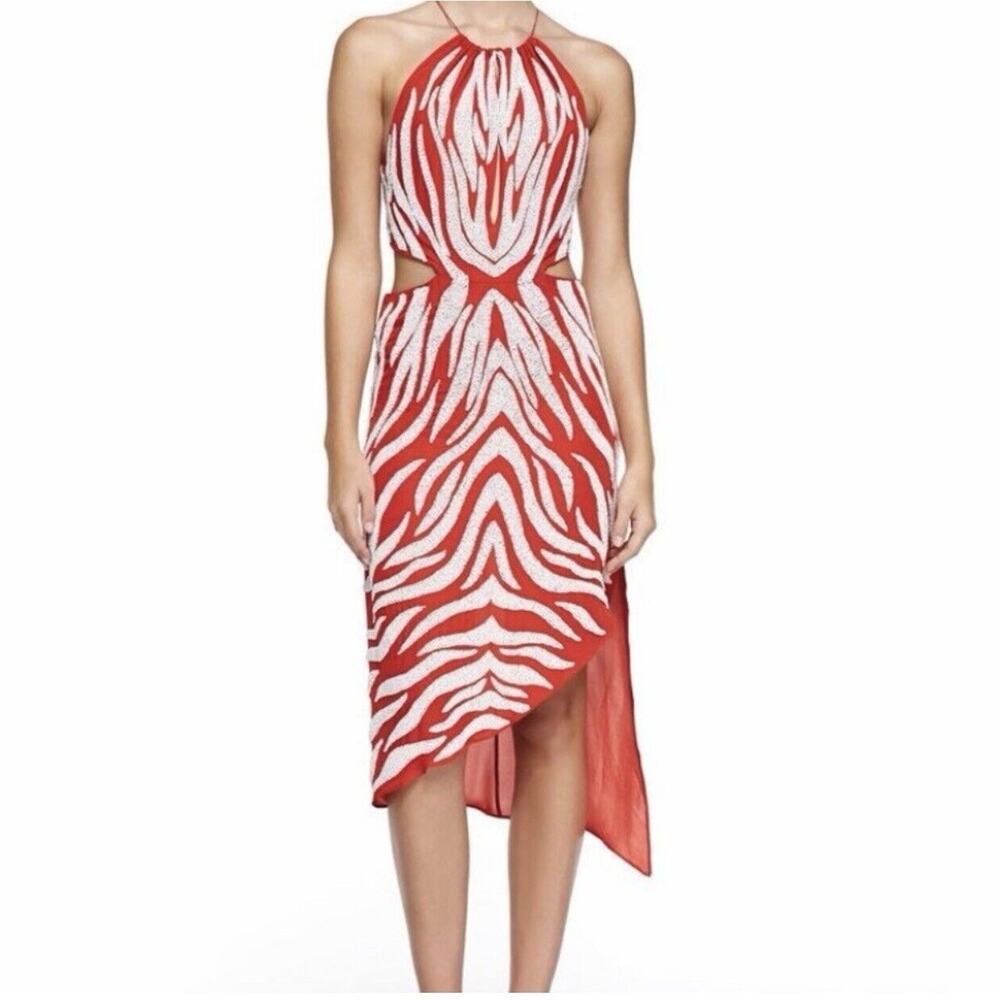 Haute Hippie Blood Orange Cut Out Halter Midi Beaded Zebra Dress *Flaw* XS NWT